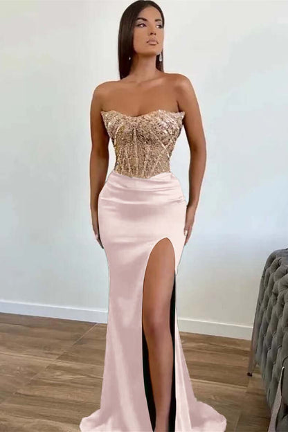 Green Applique Beadings Mermaid Prom Dress Slit With Strapless