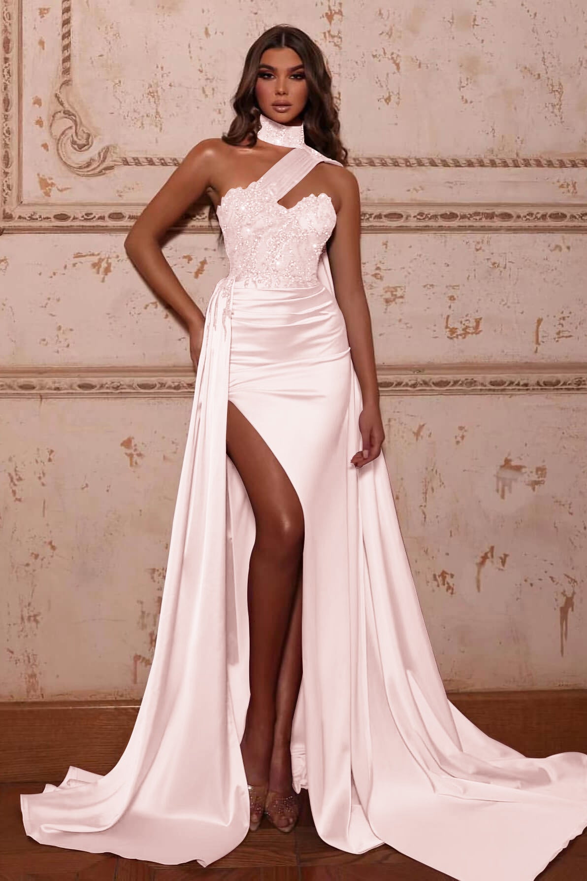 Gorgeous Slit Beads Evening Dress High Neck Mermaid With Ruffles