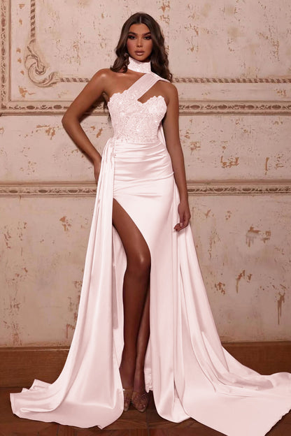 Gorgeous Slit Beads Evening Dress High Neck Mermaid With Ruffles