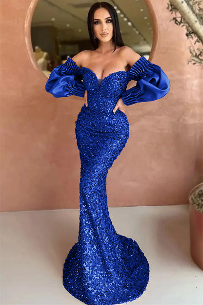 Sweetheart Long Sleeves Evening Dress With Sequins Mermaid Off-The-Shoulder