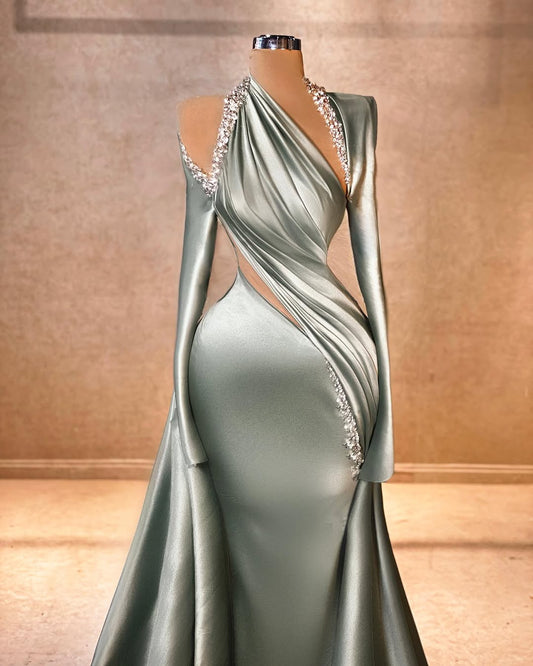 Elegant Long Sleeves Halter Straps Mermaid Pleated Prom Dress