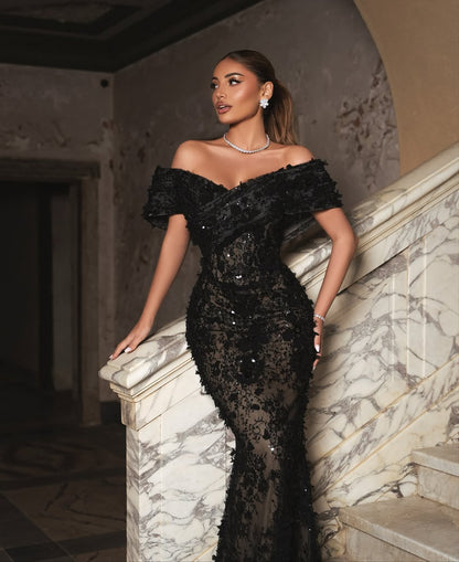 Black Sleeveless Off Shoulders Lace Mermaid Long Prom Dress With Sequins