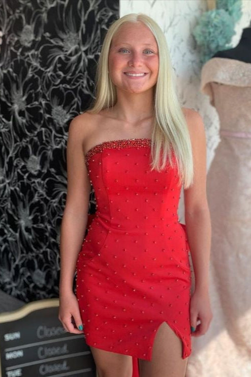 Red Strapless Sheath Tight  Homecoming Dress