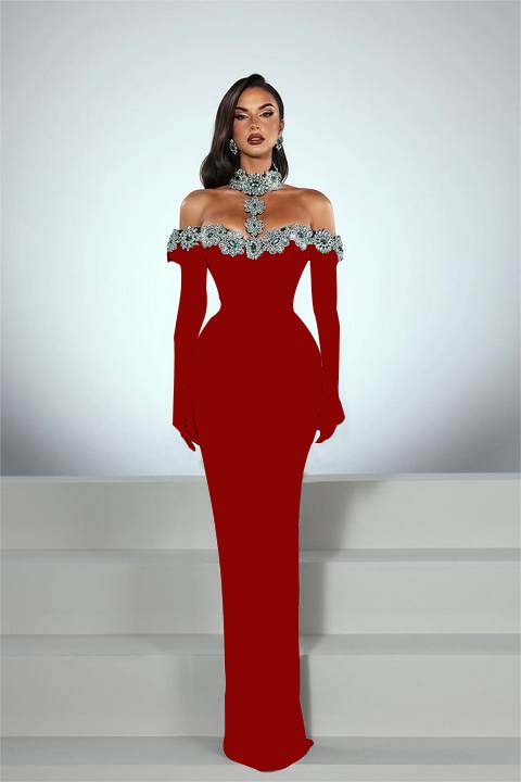 Charming Black Satin Long Sleeves Off the Shoulder Prom Dress with Beadings