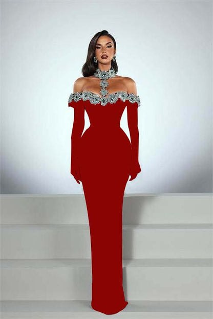 Charming Black Satin Long Sleeves Off the Shoulder Prom Dress with Beadings
