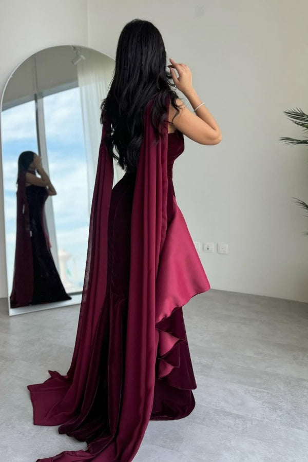Burgundy Strapless Velvet Long Prom Dress Sleeveless