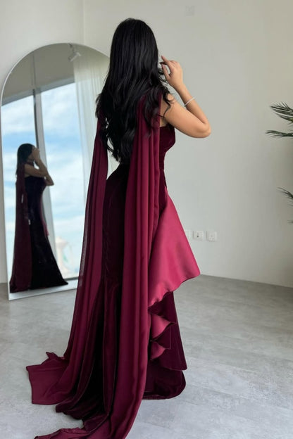 Burgundy Strapless Velvet Long Prom Dress Sleeveless