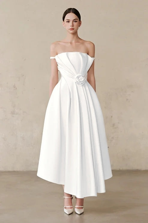 Ivory Off-the-Shoulder A-Line Evening Dress With Pleated