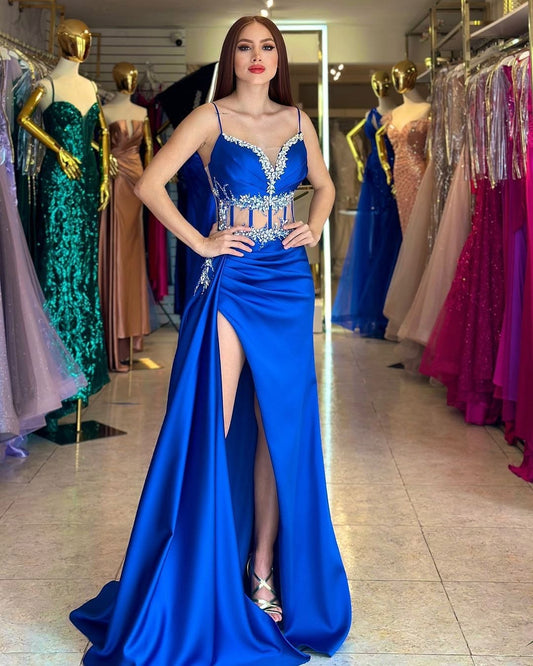 Royal Blue Sleeveless Spaghetti Straps Mermaid Beads Prom Dress
