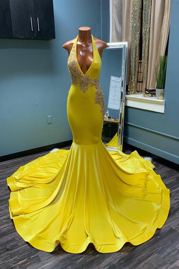 Mermaid Yellow Halter Classic Prom Dress With Appliques