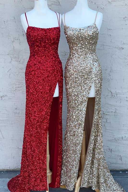 Charming Sparkle Sequins Mermaid Evening Dress Split With Spaghetti-Straps