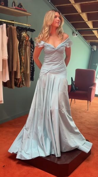Retro Style A Line Off the Shoulder Blue Satin Long Party Dress Prom Dress SH2611