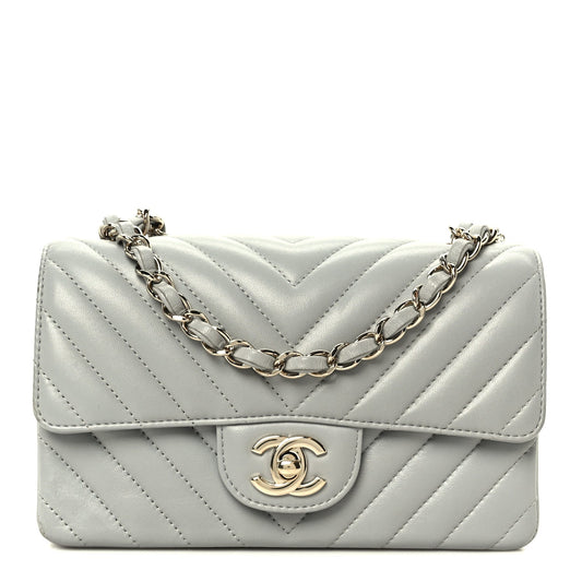 Lambskin Chevron Quilted Mini Rectangular Flap Grey