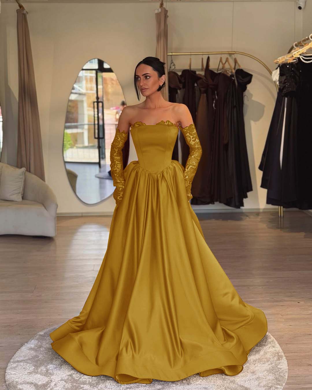 Elegant Sleeveless Strapless A Line Prom Dress With Lace Gloves