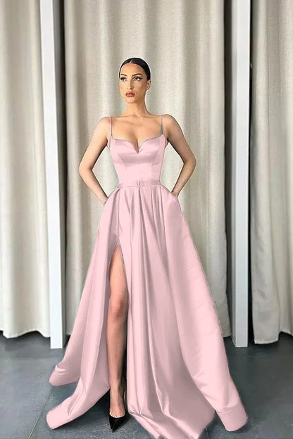 Dark Green Spaghetti-Straps A-Line V-Neck Long Prom Dress With Split