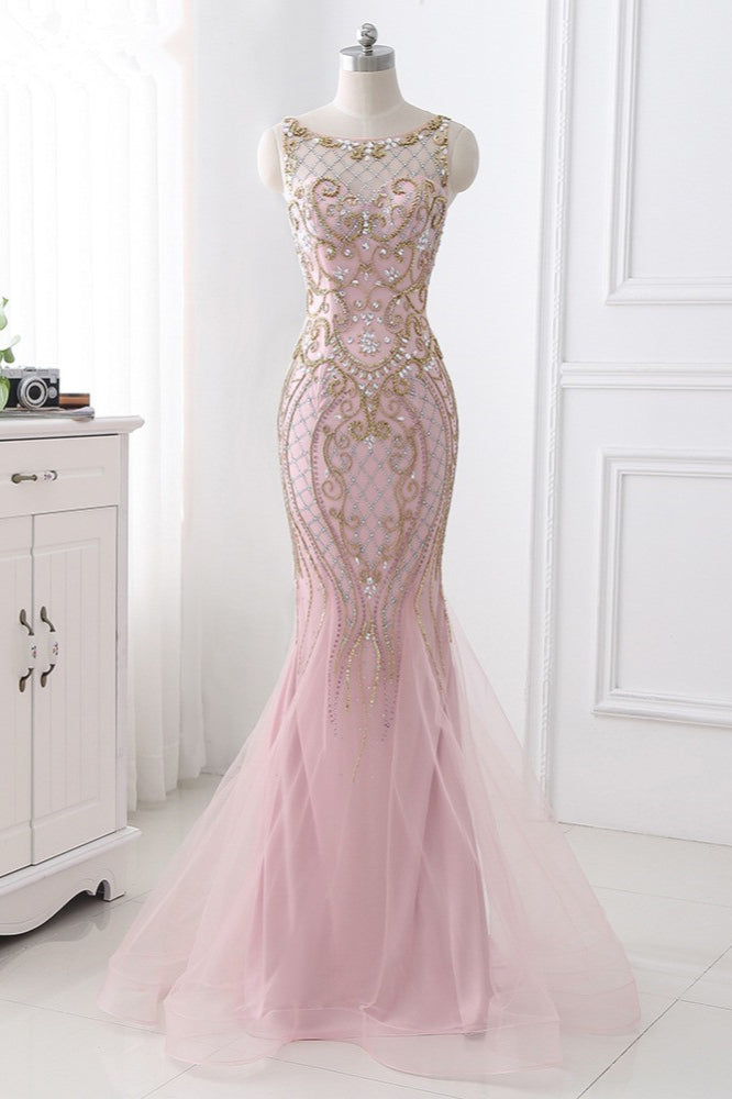 Pink Jewel Sleeveless Prom Dress Mermaid with Beadings Rhinestone