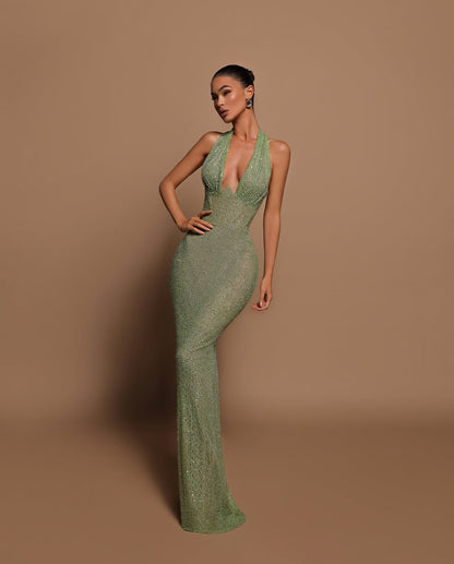 Glamorous Sleeveless Halter Straps Deep V-Neck Prom Dress With Beads
