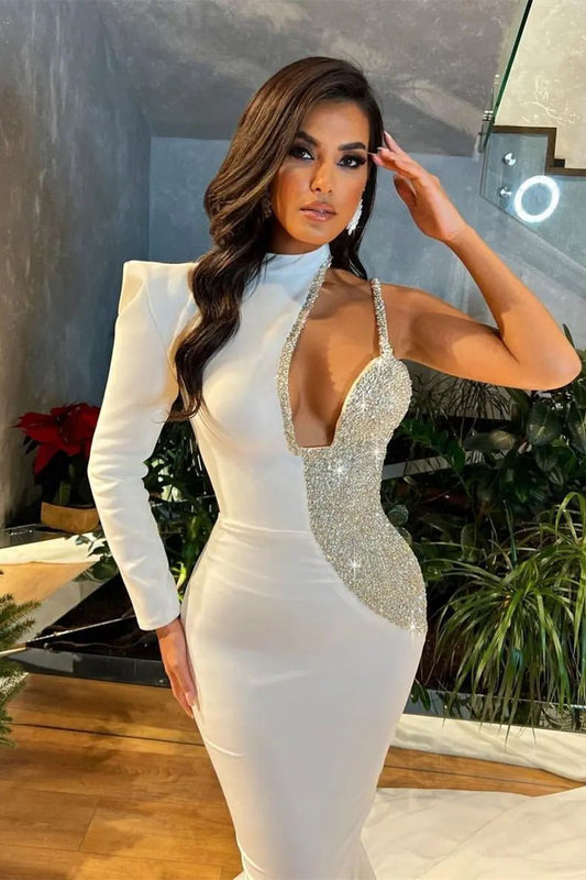 White Sequins Mermaid Prom Dress One Shoulder