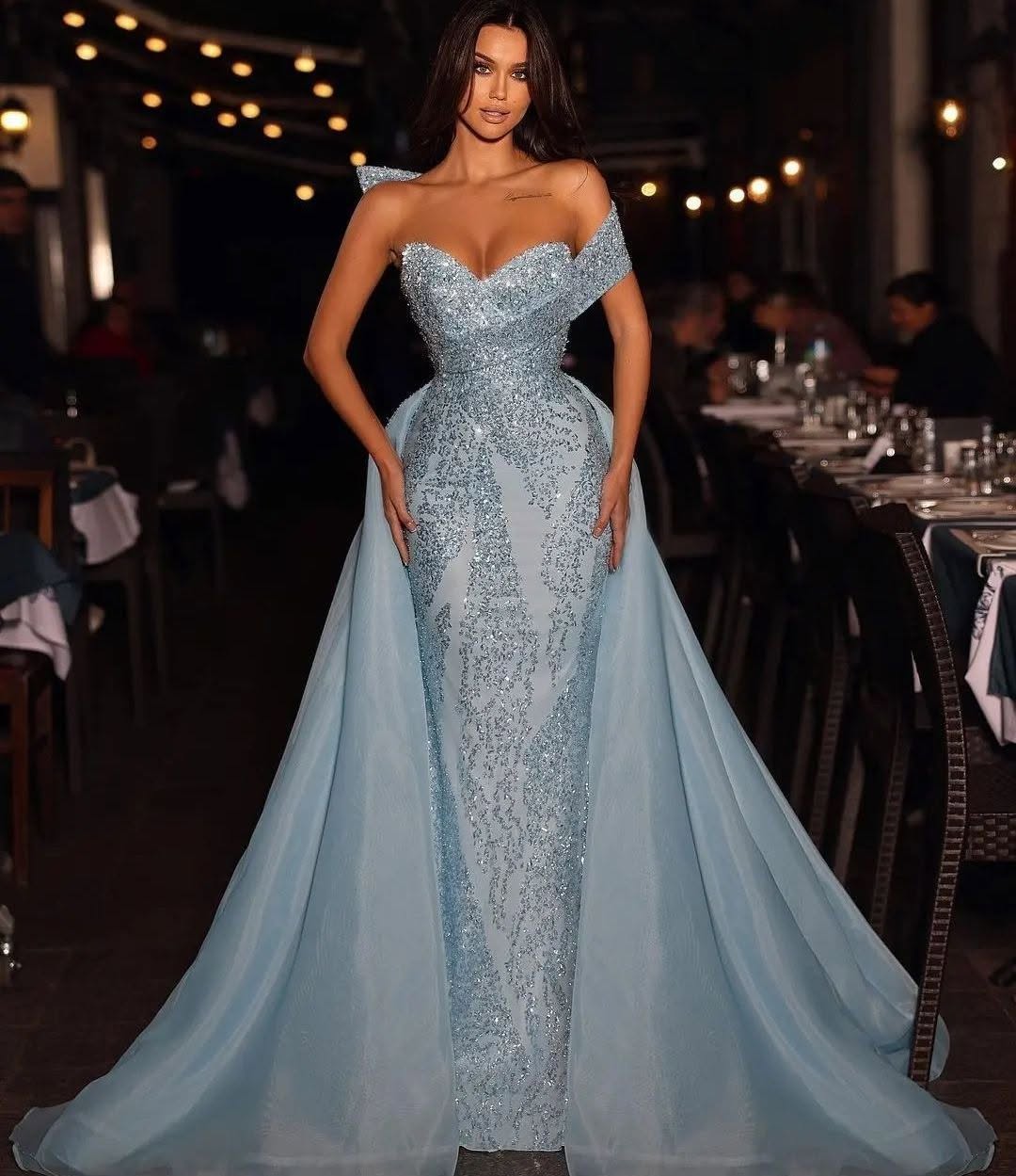 Baby Blue Embroidery Sleeveless Strapless One-Shoulder Mermaid Beads Prom Dress