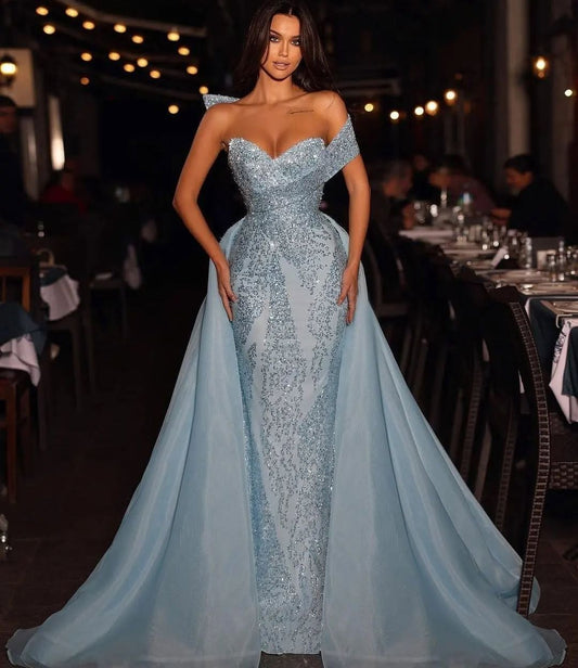 Baby Blue Embroidery Sleeveless Strapless One-Shoulder Mermaid Beads Prom Dress