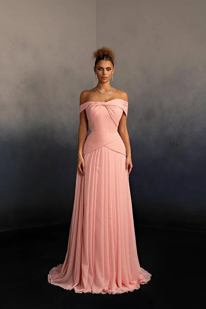 Glamorous Pink Off-The-Shoulder Pleated Long Evening Dress