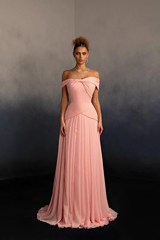 Glamorous Pink Off-The-Shoulder Pleated Long Evening Dress