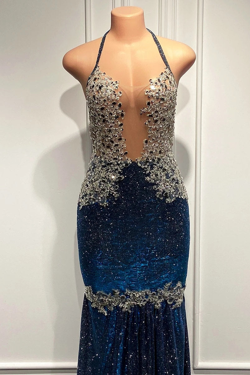 Blue Spaghetti-Straps Prom Dress Mermaid Long With Sequins
