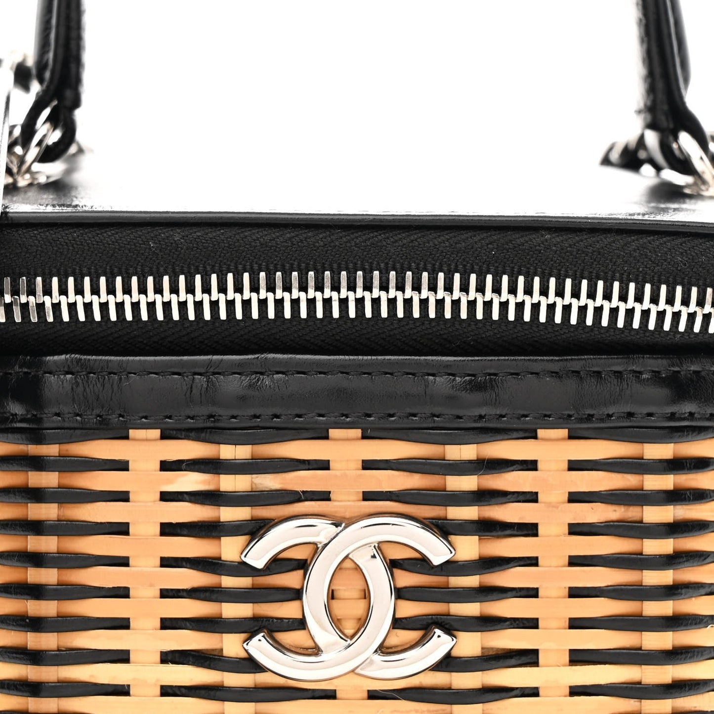 Calfskin Raffia Small Vanity Case Bag Black Beige