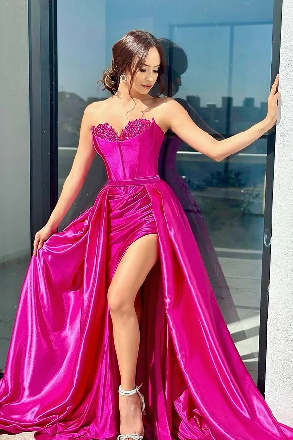 Fuchsia Sleeveless Strapless Sweetheart Mermaid Beads Prom Dress