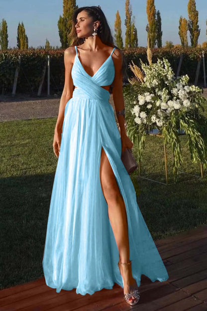 Fuchsia Spaghetti-Straps A Line Prom Dress Tulle With Split