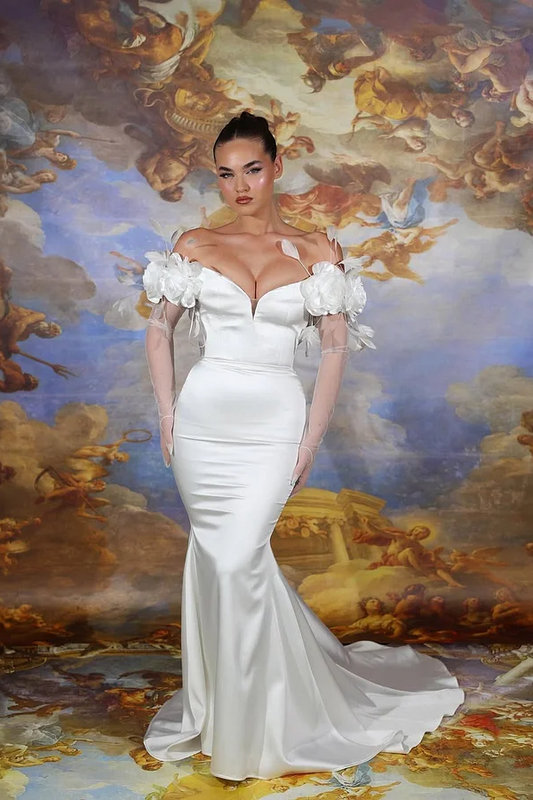 White Off-Shoulders Handmade Flower Mermaid Prom Dress With Plume Long Gloves