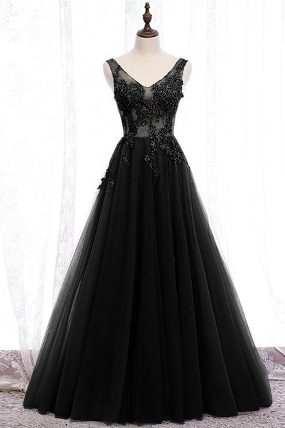 Purple Applique Long A-line Prom Dress With V-Neck Open Back