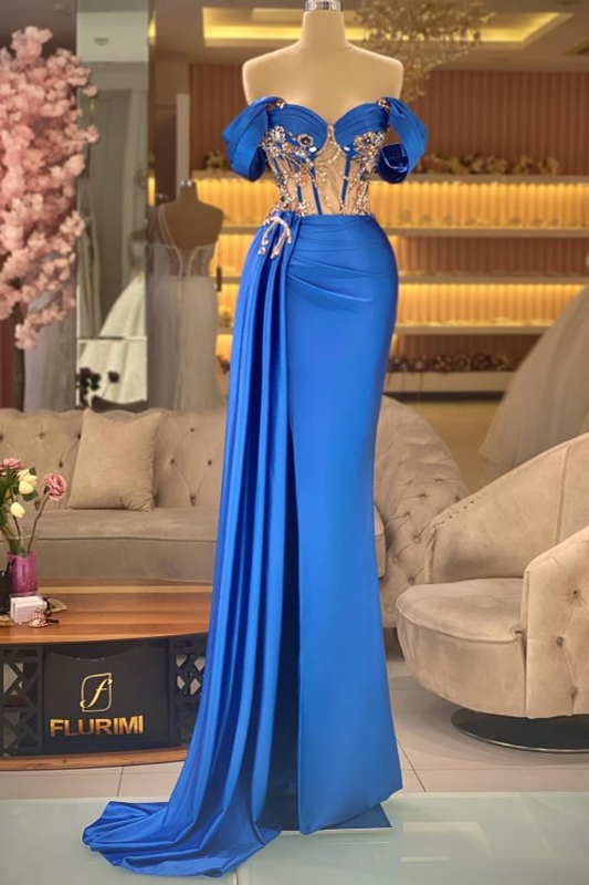 Elegant Off-the-shoulder Royal Blue Beaded Sleeveless Prom Dress with Split