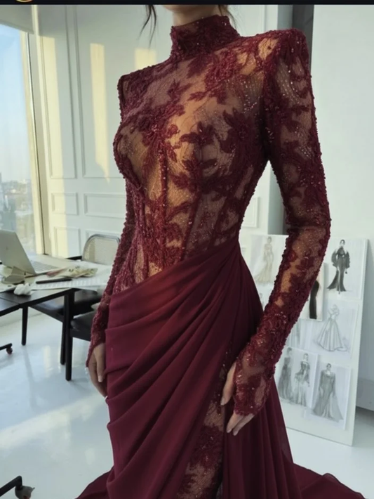 Glamorous Lace Burgundy High Neck Long Sleeves Evening Dress With Appliques