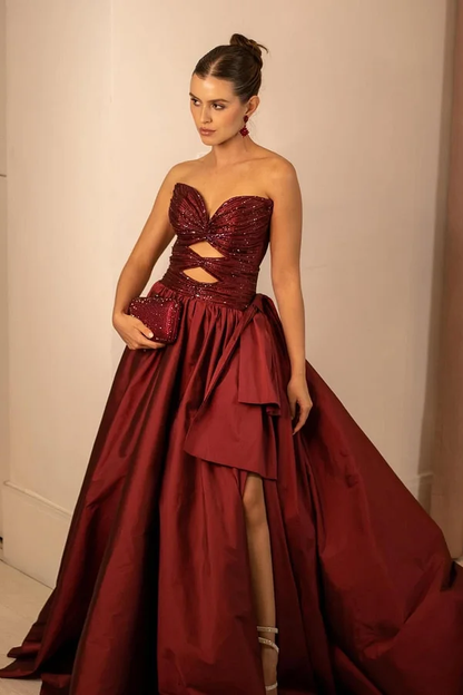 Burgundy Sleeveless Strapless Deep V-Neck A-Line Beads Prom Dress