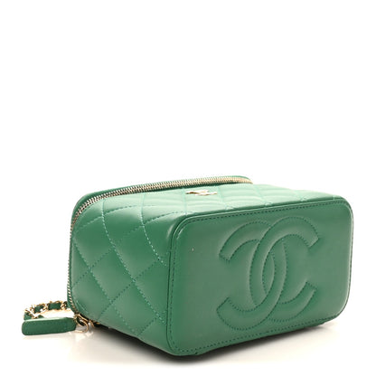 Lambskin Quilted Small Top Handle Vanity Case With Chain Green