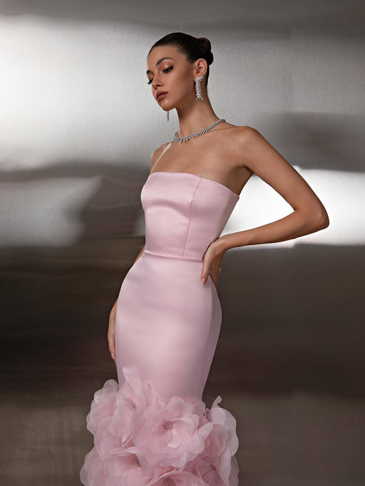 Sleeveless Square Strapless Slit Mermaid Prom Dress With Handmade Flower