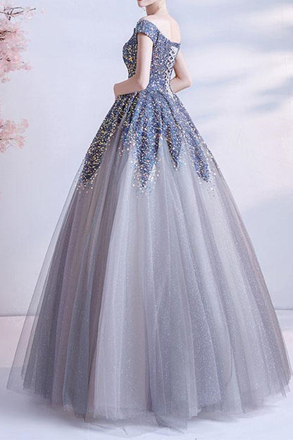 Gorgeous Off-The-Shoulder Long Ball Grown Prom Dress With Sweetheart Sequins