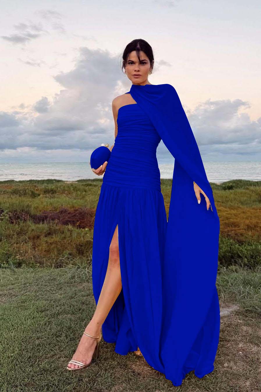 Elegant Daffodil Chiffon Strapless Sleeveless Split Prom Dress with Scarf