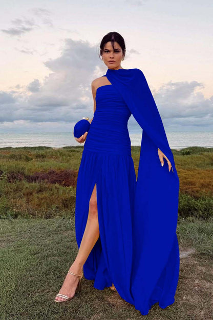 Elegant Daffodil Chiffon Strapless Sleeveless Split Prom Dress with Scarf