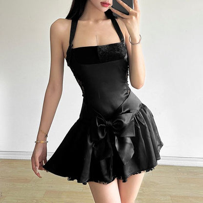 Pink A Line Halter Lace Satin Backless Mini Homecoming Dress with Bow SH3315