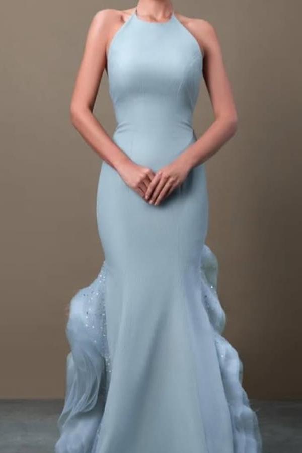 Elegant Blue Satin Halter Sleeveless Sequins Prom Dress with Ruffles