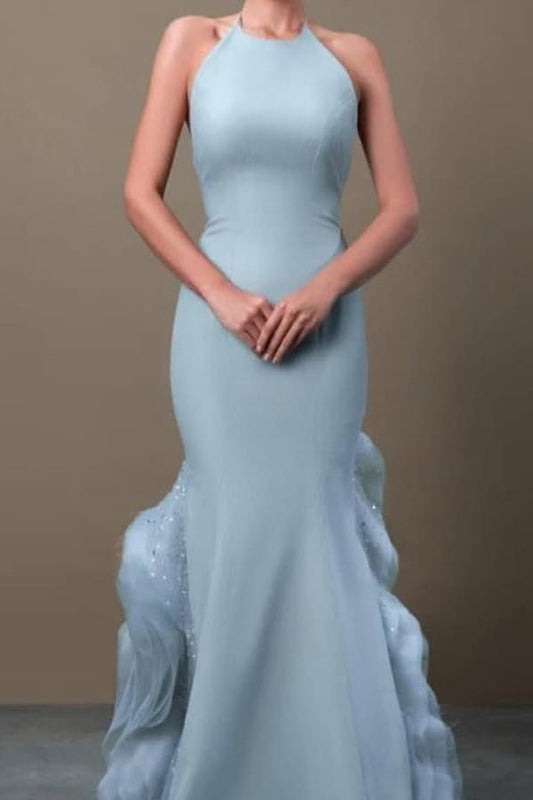 Elegant Blue Satin Halter Sleeveless Sequins Prom Dress with Ruffles