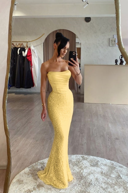 Pink Satin Sequins Spliced Strapless Mermaid Prom Dress