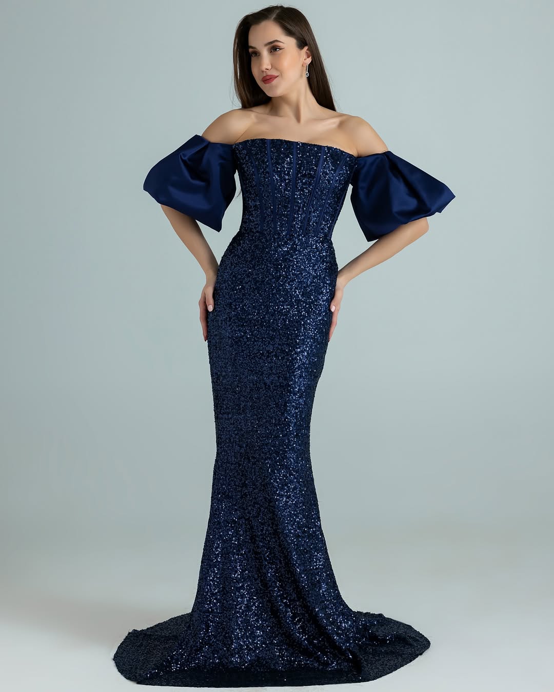 Puff Sleeves Strapless Square Beads Mermaid Prom Dress