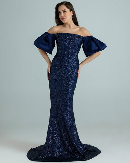 Puff Sleeves Strapless Square Beads Mermaid Prom Dress