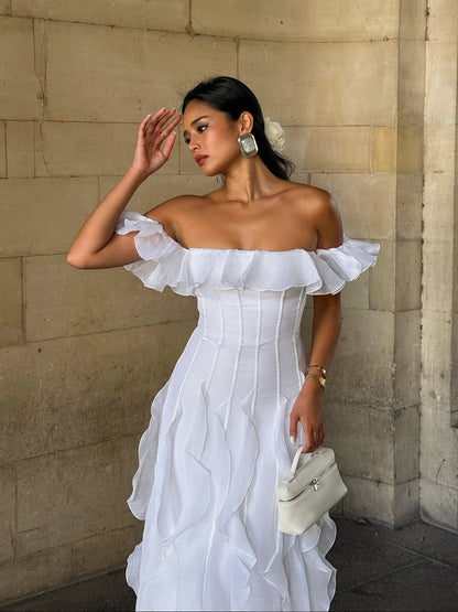 White Sleeveless Off Shoulder Pleated Irregular Prom Dress