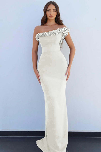 Black One Shoulder Sleeveless Mermaid Long Prom Dress With Beading