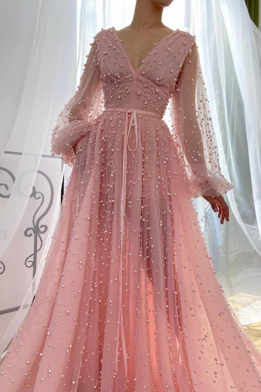Pink Plunging Neck Long Puffy Sleeves Evening Dress With Pearl Beaded Tulle