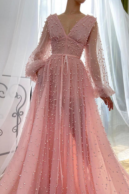 Pink Plunging Neck Long Puffy Sleeves Evening Dress With Pearl Beaded Tulle